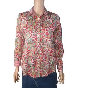 Chaps Petite M No Iron 100% Cotton Red Paisley Button Shirt Flip Stripe Cuff